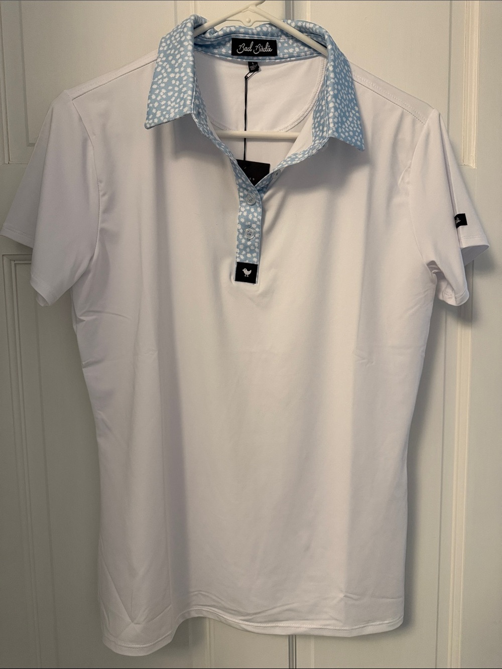 Bad Birdie White Polo with Sky Blue Patterned Collar
